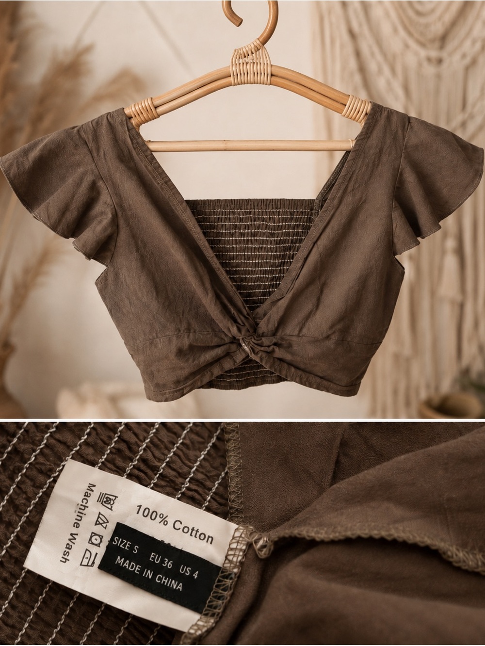 Women's Brown Cotton Twist-Front Crop Top with Flutter Sleeves